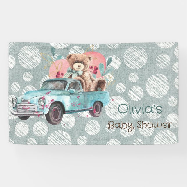 Banderoles Baby shower d'ours en peluche de camion Turquoise  (Horizontal)