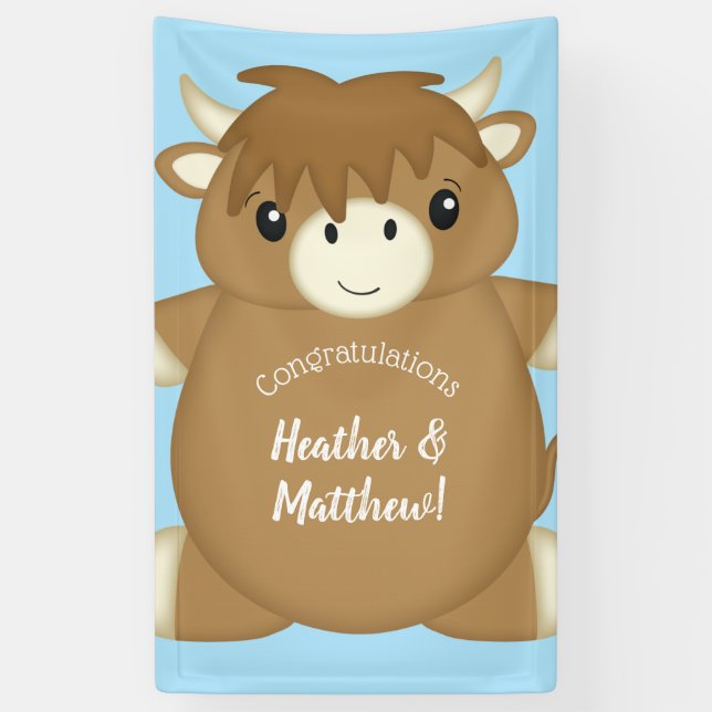 Banderoles Baby shower écossais de vache Highland Blue (Vertical)