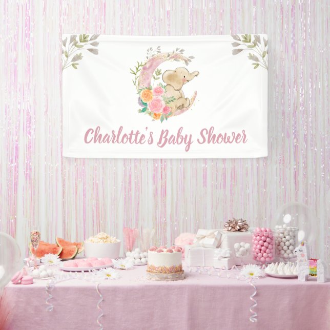 Banderoles Baby shower Eléphant Fille Lune Rose Cute (Fête)