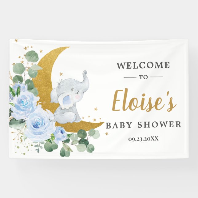 Banderoles Baby shower Eléphant Floral Bleu Chic (Horizontal)