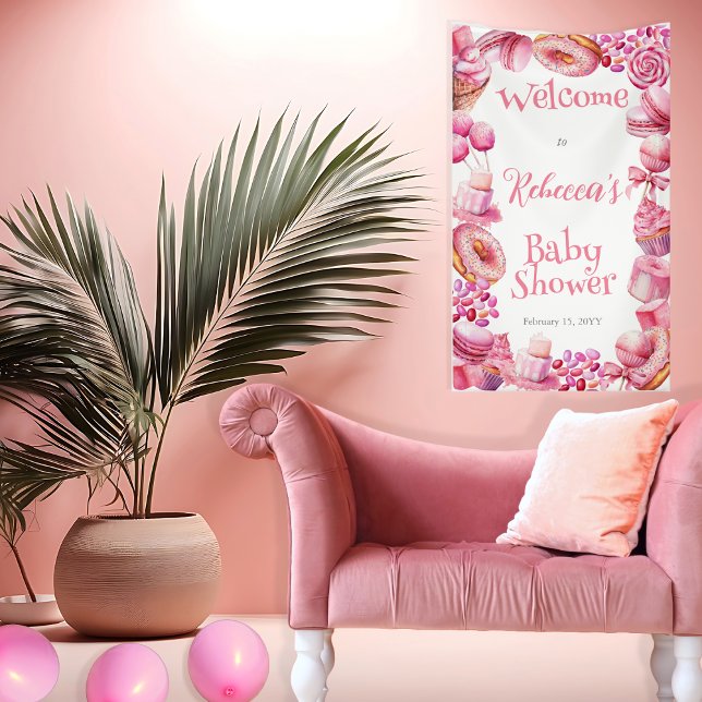 Banderoles Baby shower fille de cadre de bonbons rose (Pink Candy and Treats Frame Girl Baby Shower Vertical Banner)