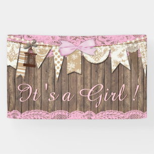 Banderoles Baby Shower Fille Dentelle Rose Bois Rustique