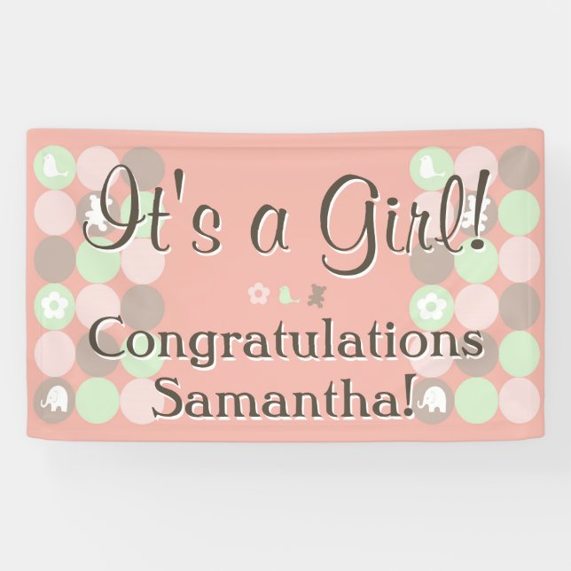 Banderoles Baby shower Fille Personnalisé Pink points Brown i (Horizontal)