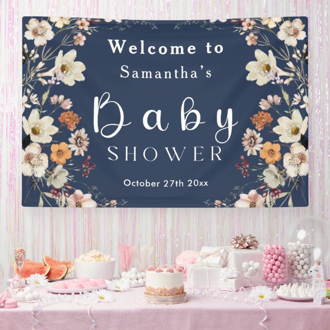 Banderoles Baby shower Fleur sauvage Navy Blue Pastel Boho (Fête)