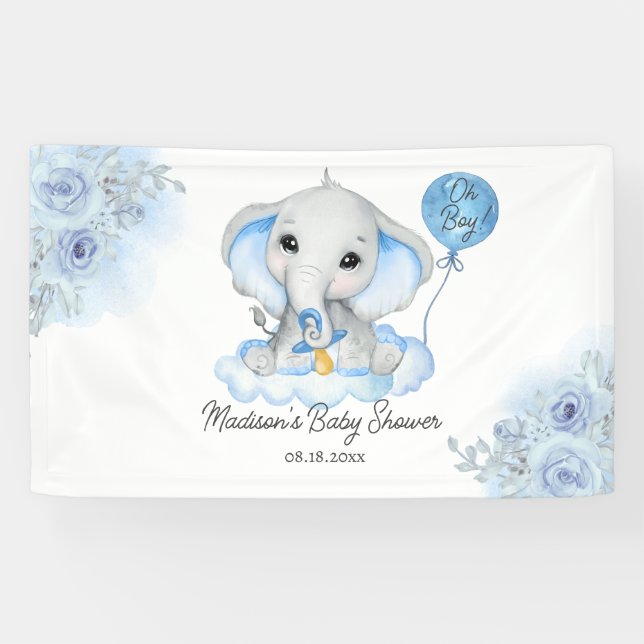 Banderoles Baby shower floral d'aquarelle éléphant du garçon (Horizontal)