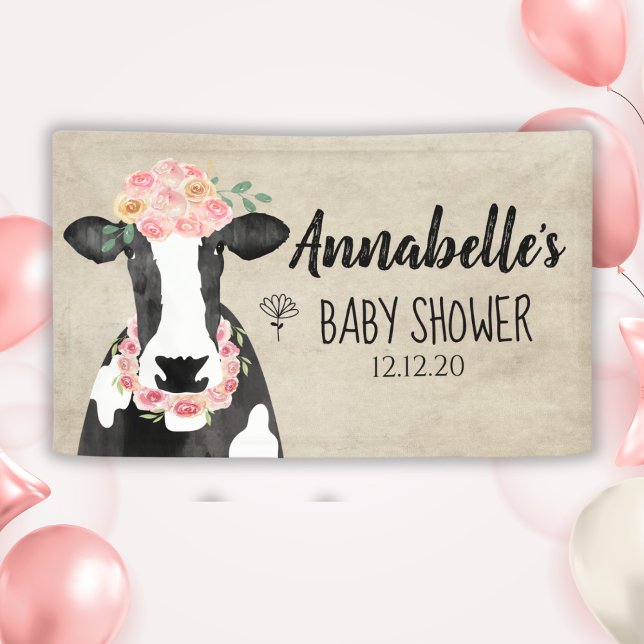Banderoles Baby shower Floral de la vache d'aquarelle (Cow with Floral Headband Girl Baby Shower Banner)