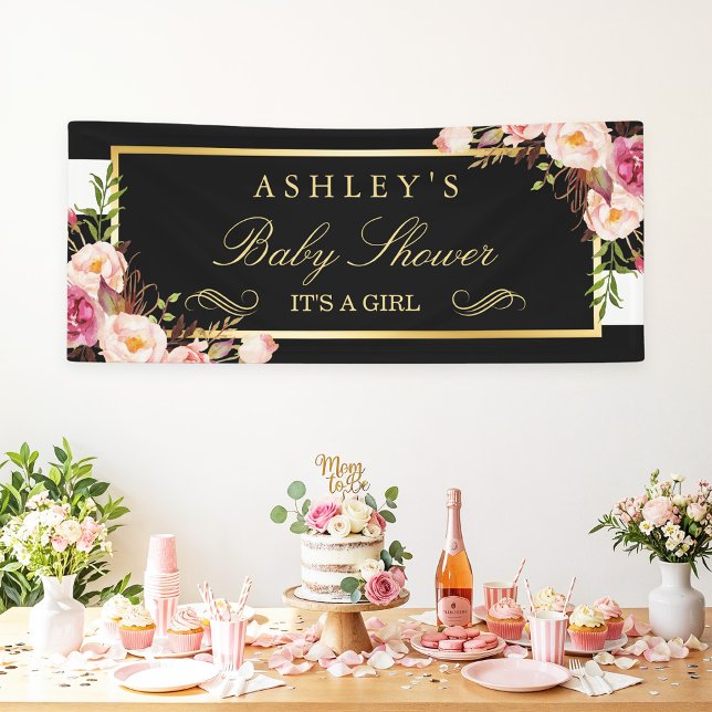 Banderoles Baby shower Floral noir blanc rayures 2,5 x 6 (Créateur téléchargé)
