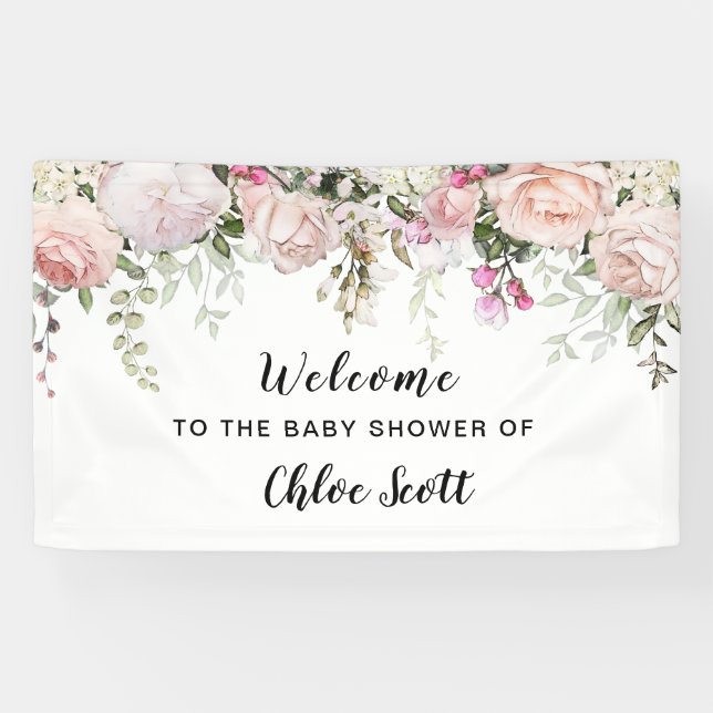 Banderoles Baby shower floral rose rose pâle Bienvenue (Horizontal)