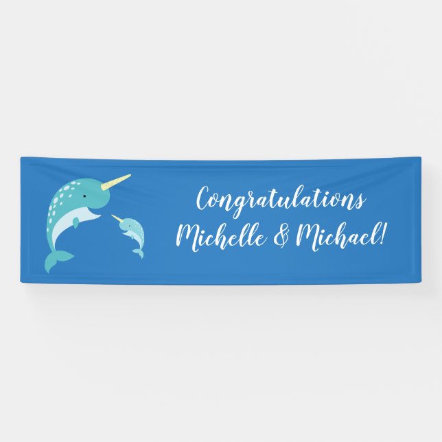 Banderoles Baby shower Narwhal Blue Boy Whale (Horizontal)