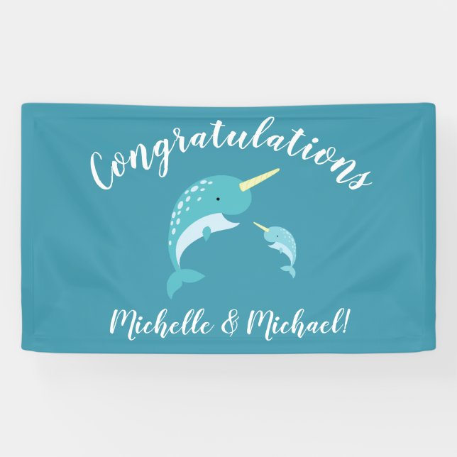 Banderoles Baby shower Narwhal Jaune Genre Baleine Neutre (Horizontal)