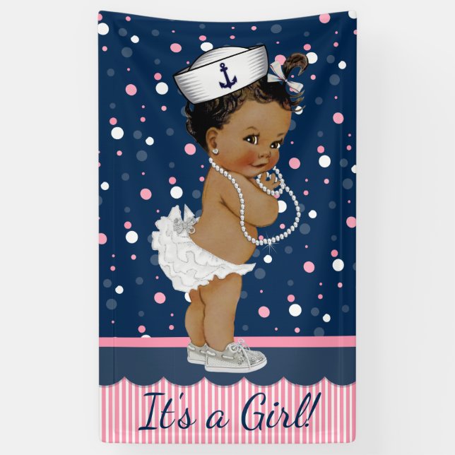 Banderoles Baby shower nautique féminin afro-américain (Vertical)