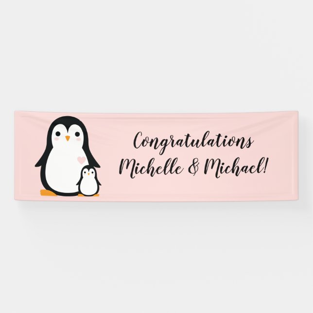 Banderoles Baby shower Pingouin mignon fille rose (Horizontal)
