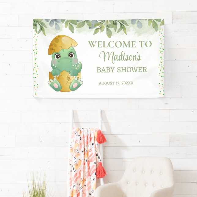 Banderoles Baby shower pour garçons de dinosaures vert (En situation)