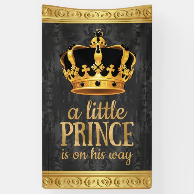 Banderoles Baby shower Prince de la Couronne d'or noir (Vertical)