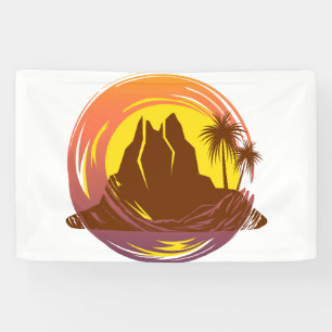Banderoles Badge avec paysage volcanique tropical et palmiers