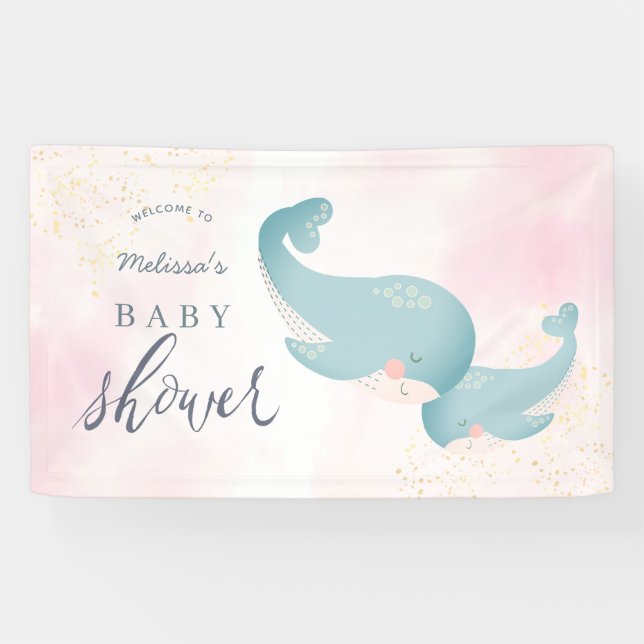 Banderoles Baleines Aquarelle rose Fille Baby shower Bienvenu (Horizontal)