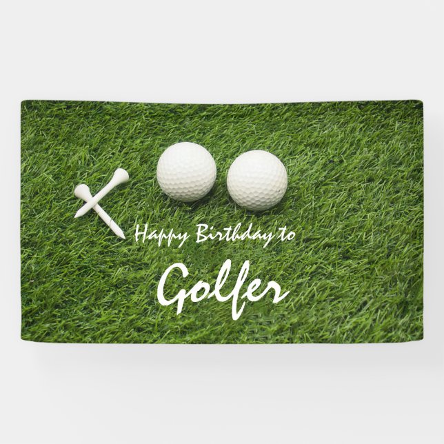 Banderoles Ball de golf avec tee on green Happy Birthday (Horizontal)