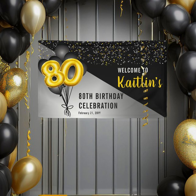 Banderoles Ballons élégants Noir | Gold 80th Birthday Party (Elegant Black Balloons and Gold Tone Balloon Numbers 80th Birthday Party Banner)