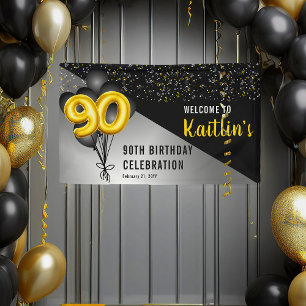 Banderoles Ballons élégants Noir   Gold 90th Birthday Party