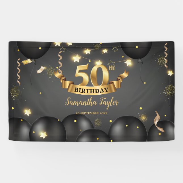 Banderoles Ballons noirs or étoiles fête d'anniversaire éléga (Horizontal)