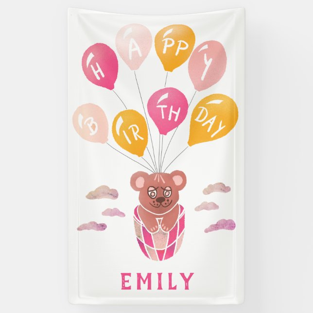 Banderoles Ballons Ours Teddy Mignonne Fille Fête d'anniversa (Vertical)