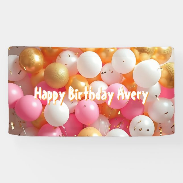 Banderoles Ballons roses et or | Anniversaire personnalisé (Horizontal)