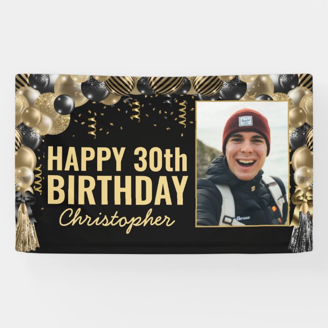 Banderoles Balloon Noir Or Confetti Photo Joyeux Anniversaire (Horizontal)