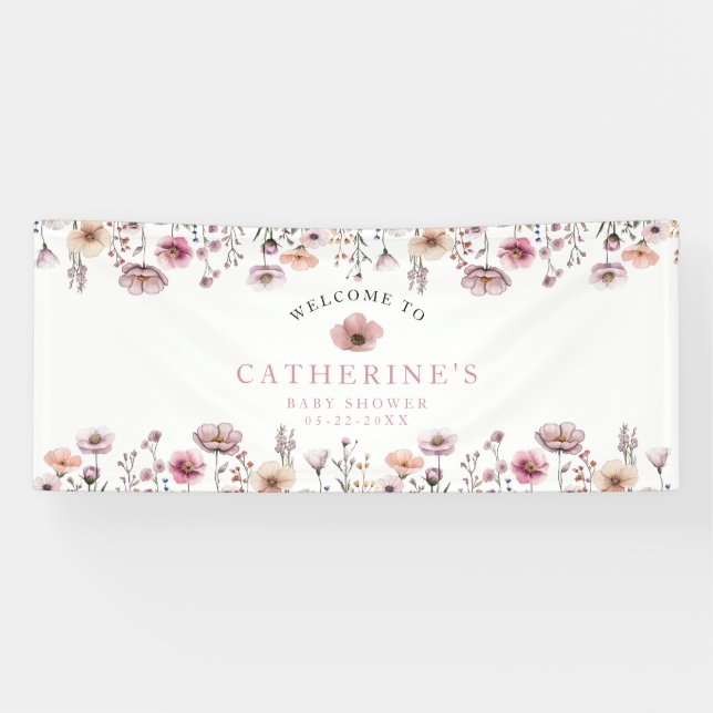 Banderoles Bandeau de fête prénatale Fleur sauvage rose rose  (Horizontal)