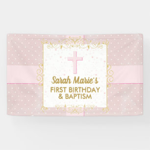 Banderoles Baptême 1er Anniversaire Fille Rose Or Texte Point