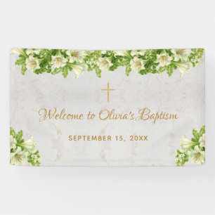 Banderoles Baptême Bienvenue Floral Blanc Lys Marbre Script