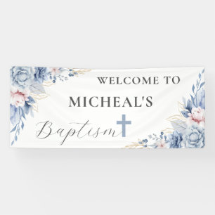 Banderoles Baptême de bébé garçon chic aquarelle fleurs bleu