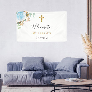 Banderoles Baptême eucalyptus bleu floral garçon bienvenue 