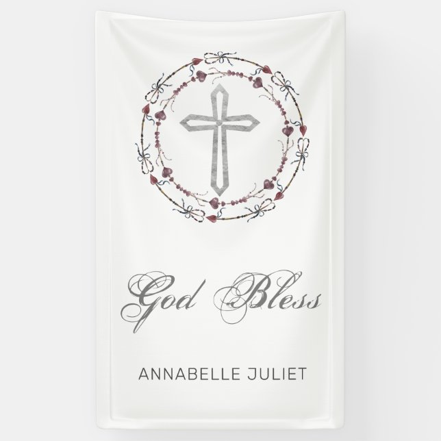 Banderoles Baptême personnalisé Dieu béni Croix chrétienne  (Vertical)
