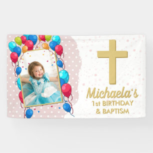 Banderoles Baptême pour 1er anniversaire Fille Rose Texte Or 