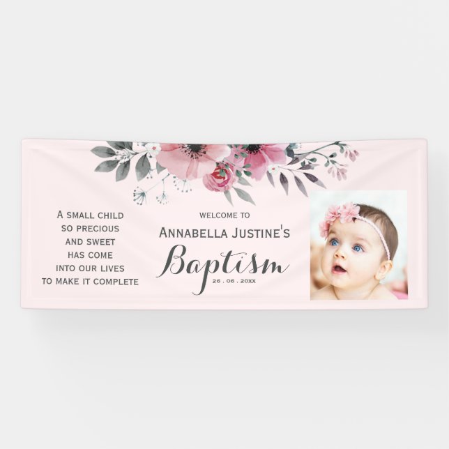 Banderoles BAPTISM Photo Plutôt rose Floral Event Party (Horizontal)