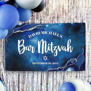 Banderoles Bar Mitzvah Moderne Agate Bleue Écriture Aquarelle