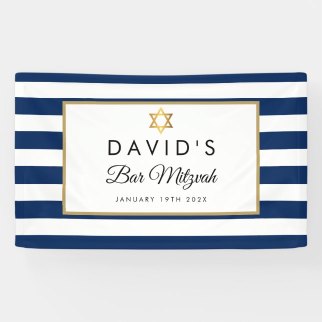 Banderoles Barre Mitzvah Marine Bleu Bleu Blancs Or (Horizontal)