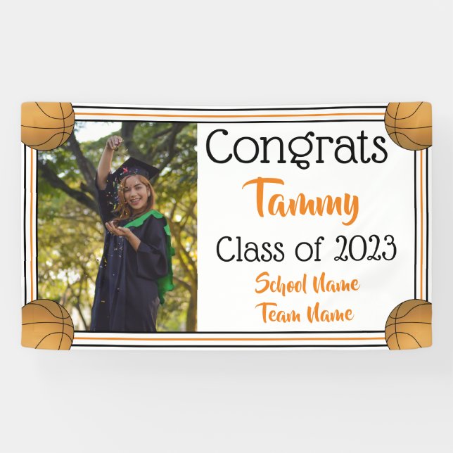 Banderoles Basketball Orange & Black One Photo Graduation (Horizontal)