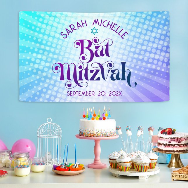 Banderoles Bat Mitzvah Audacieux Bohème Rétro Dégradé Bleu Vi (Créateur téléchargé)