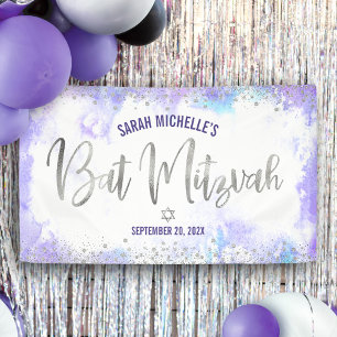 Banderoles Bat Mitzvah Eau Violet Script Argenté Feuille