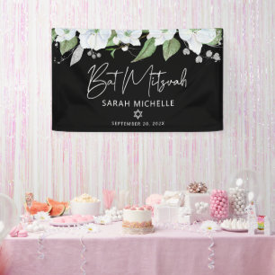 Banderoles Bat Mitzvah Noir Argent Écriture Aquarelle Floral