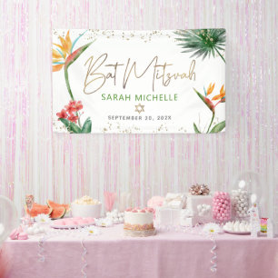 Banderoles Bat mitzvah Tropical Palm Leaf Gold Script Bienven