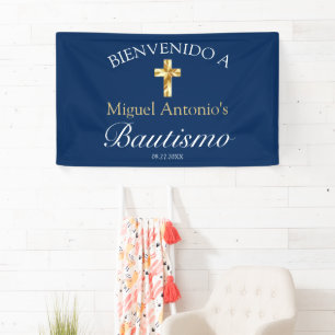 Banderoles Bautismo de Bebé Azul Marino Dorado Bienvenido