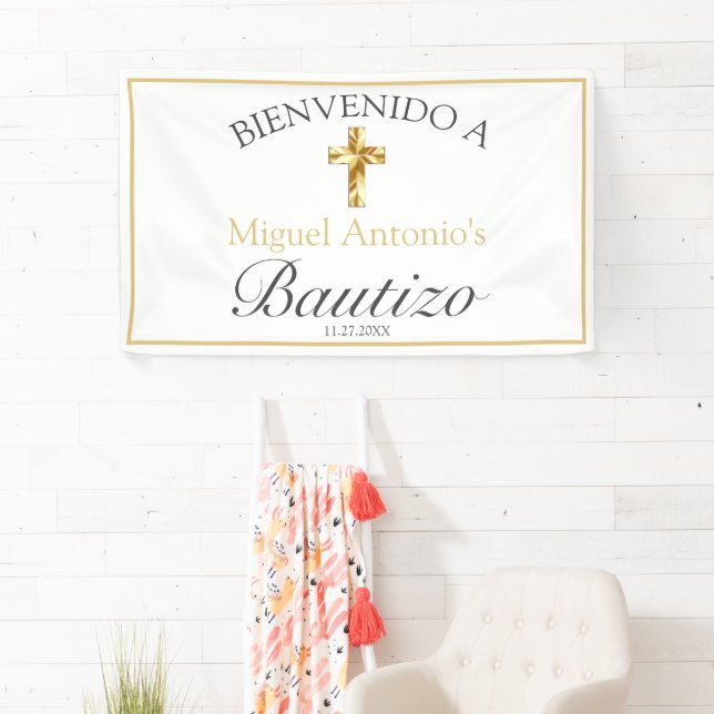 Banderoles Bautizo de Bebé Blanco Clásico Dorado Bienvenido (En situation)