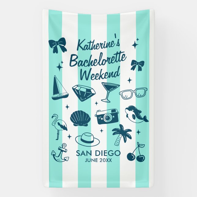 Banderoles Beach Bachelorette Party Aqua Blue Stripes Custom (Verticale)