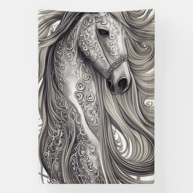 Banderoles Beau Cheval Gris Argent Orné avec/ Flower Mane (Verticale)