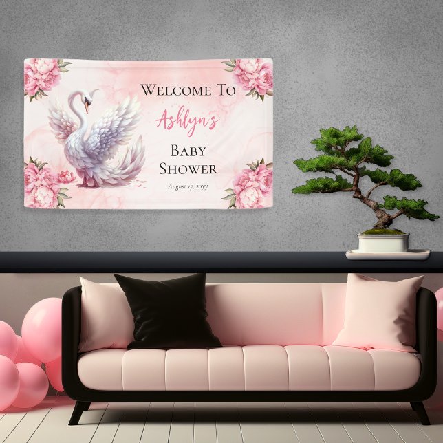 Banderoles Beau Swan rose Floral Baby shower fille (Beautiful Swan Pink Floral Peonies Girl Baby Shower Banner)