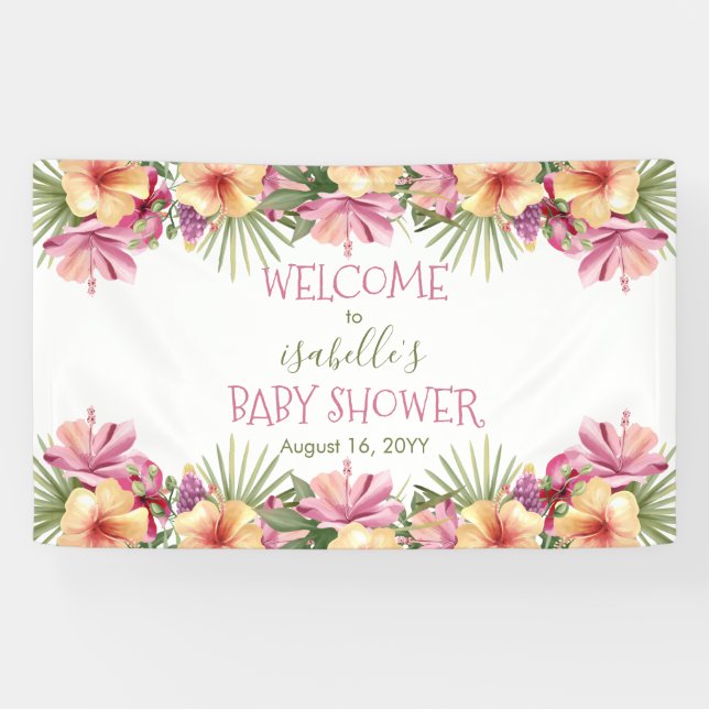 Banderoles Bébé en Fleur Baby shower floral rose tropicale (Horizontal)