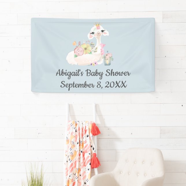 Banderoles Bébé Llama Fleurs Blancs Bleu Baby shower garçon (En situation)