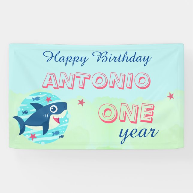 Banderoles Bébé requin bleu océan mignon enfants Joyeux anniv (Horizontal)